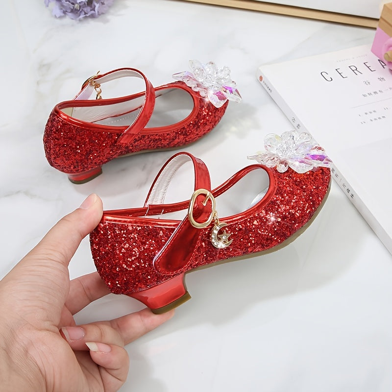 Girls' Elsa Princess High Heel Pumps - Sparkling Glitter Block Heel Shoes with Floral Embellishments, Lightweight Faux Cover for Spring & Fall, Weddings, Parties, Casual Wear, Shoes for Girls, Wedding Guest Shoes, Elegant Sho -