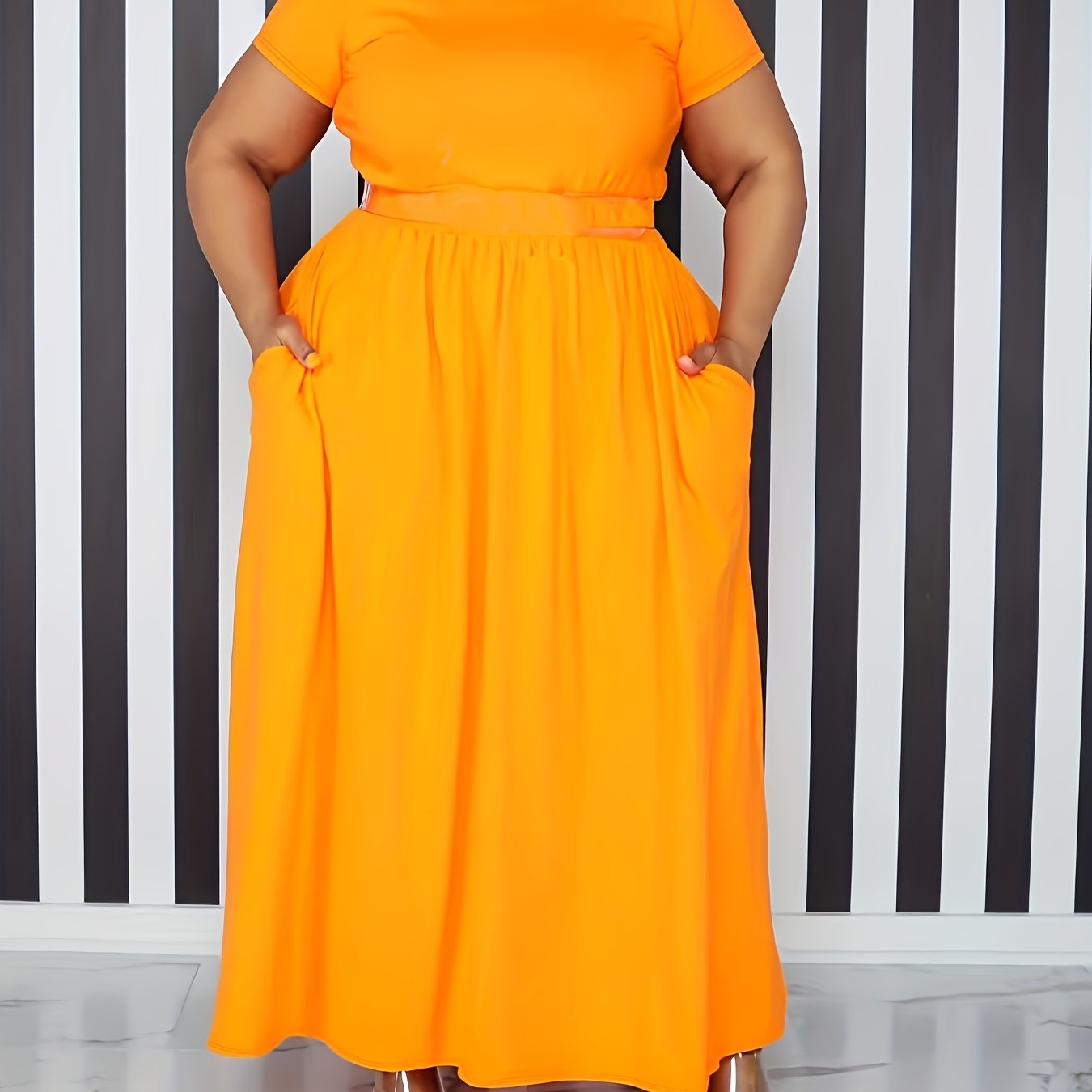 Plus Size Solid Short Sleeve Maxi Dress, Women's Plus Medium Stretch Elegant Long Dress -