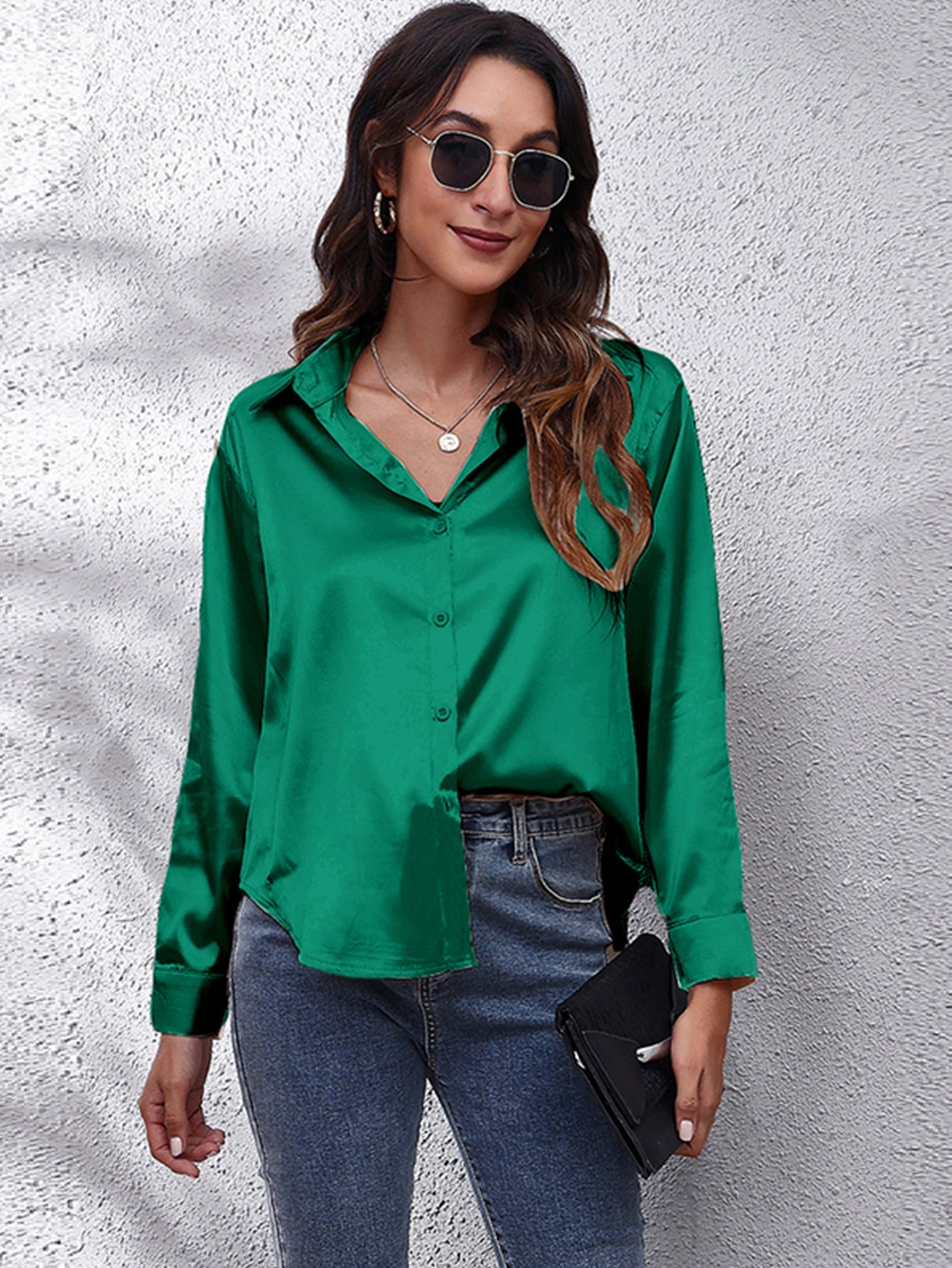 Elegant Satin-Finish Long Sleeve Blouse for Women - Chic Solid Color, Non-Stretch Fabric, Perfect for Spring/Fall, Ideal for Formal Occasions, Ladies Blouses -