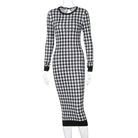 Houndstooth Print Women Long Sleeve Midi Dress -
