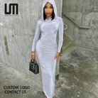 Hooded Long Sleeve Basic Split Maxi Dresses -