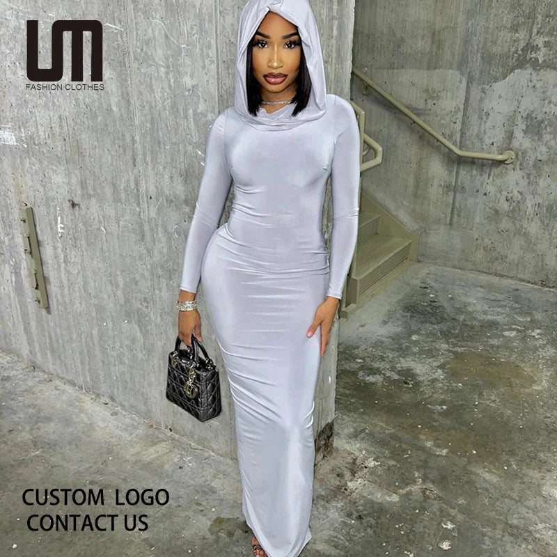 Hooded Long Sleeve Basic Split Maxi Dresses -