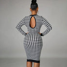 Houndstooth Print Women Long Sleeve Midi Dress -