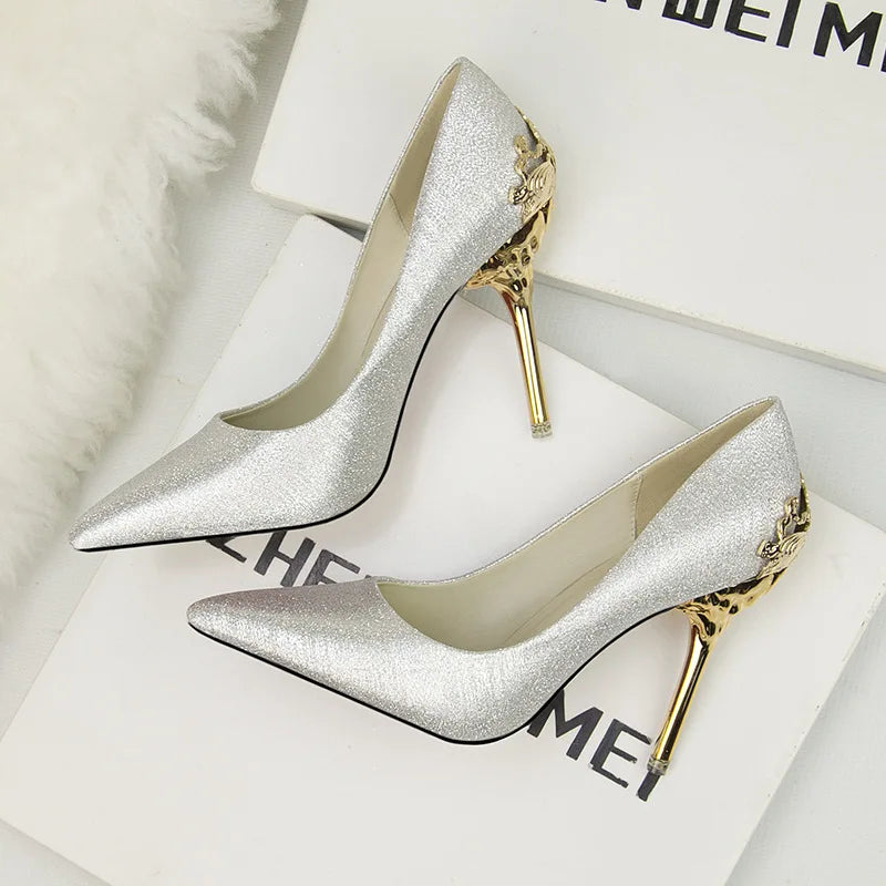 Women Pumps Red, Gol,d Pointy Toe Dress High Heel Shoes. -