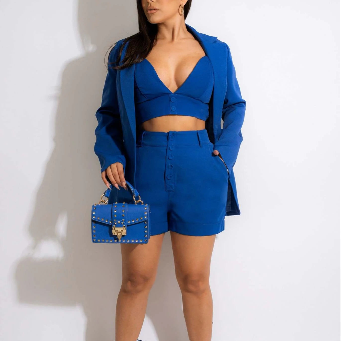 Neck Blazer and Shorts Set -