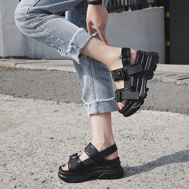 Summer Women Platform Sandals Fashion Buckle Design White 7cm Increasing Sandals Thick Sole Casual Platform Shoes Female -