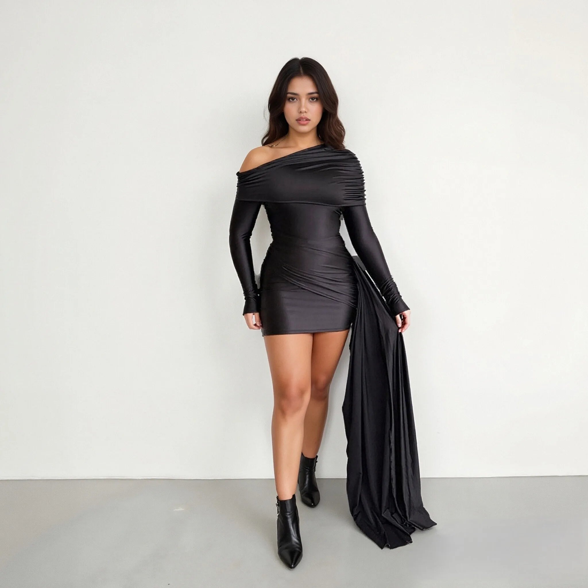 Long Sleeve One Shoulder Strap Dress -