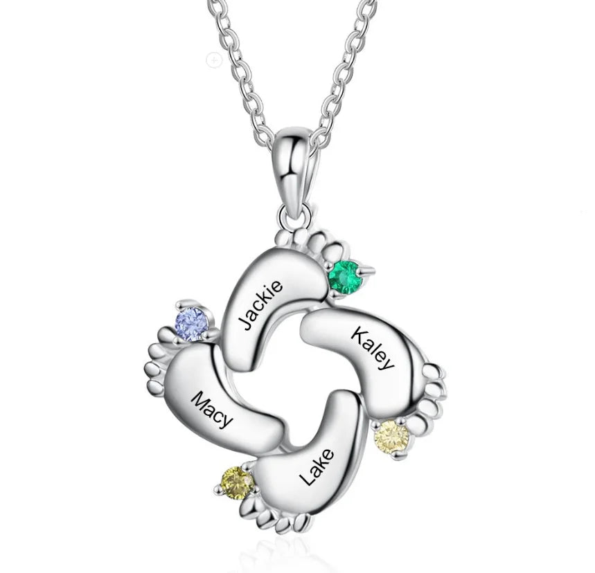 DY Personalized Name Custom Family Jewelry with Simulated Birthstone Baby Feet Pendant Necklace for Mom Gift -