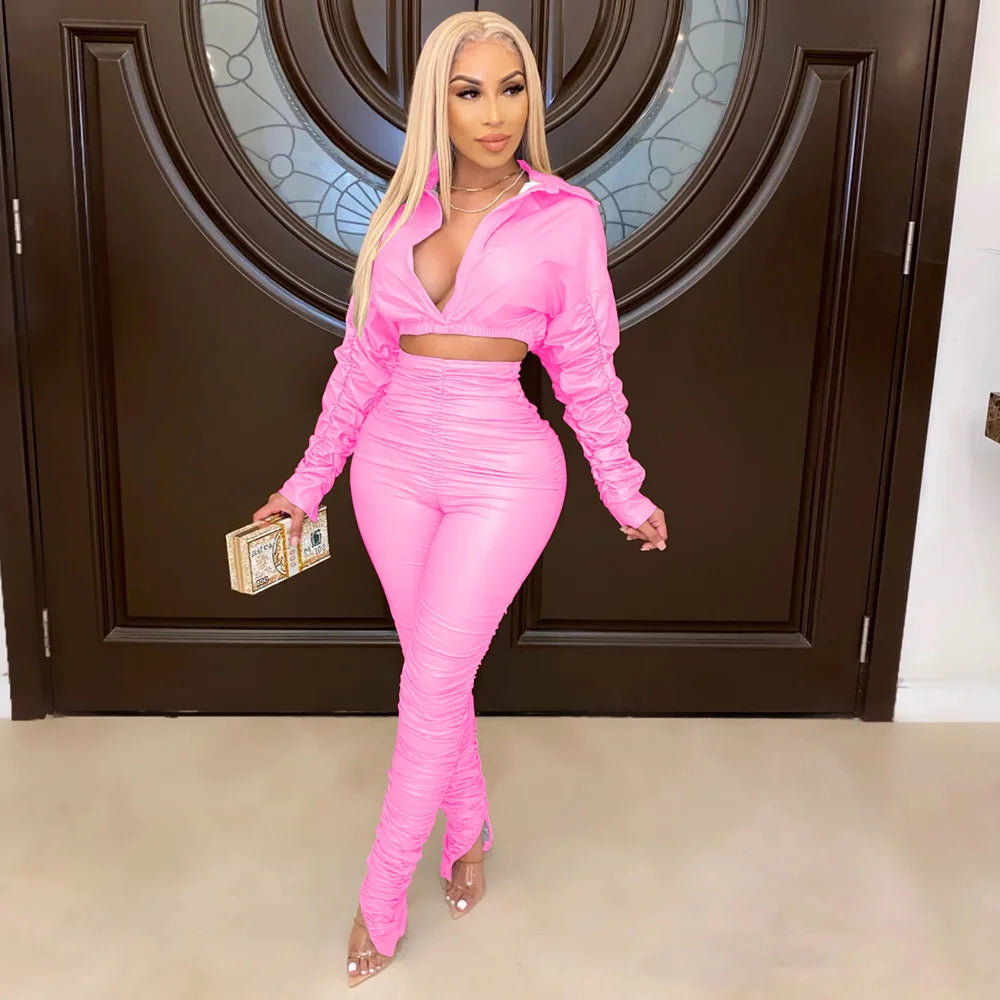 Women 2 Pieces Leather Crop Tops & Pants -