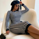 Houndstooth Print Women Long Sleeve Midi Dress -