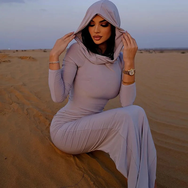 Hooded Long Sleeve Basic Split Maxi Dresses -