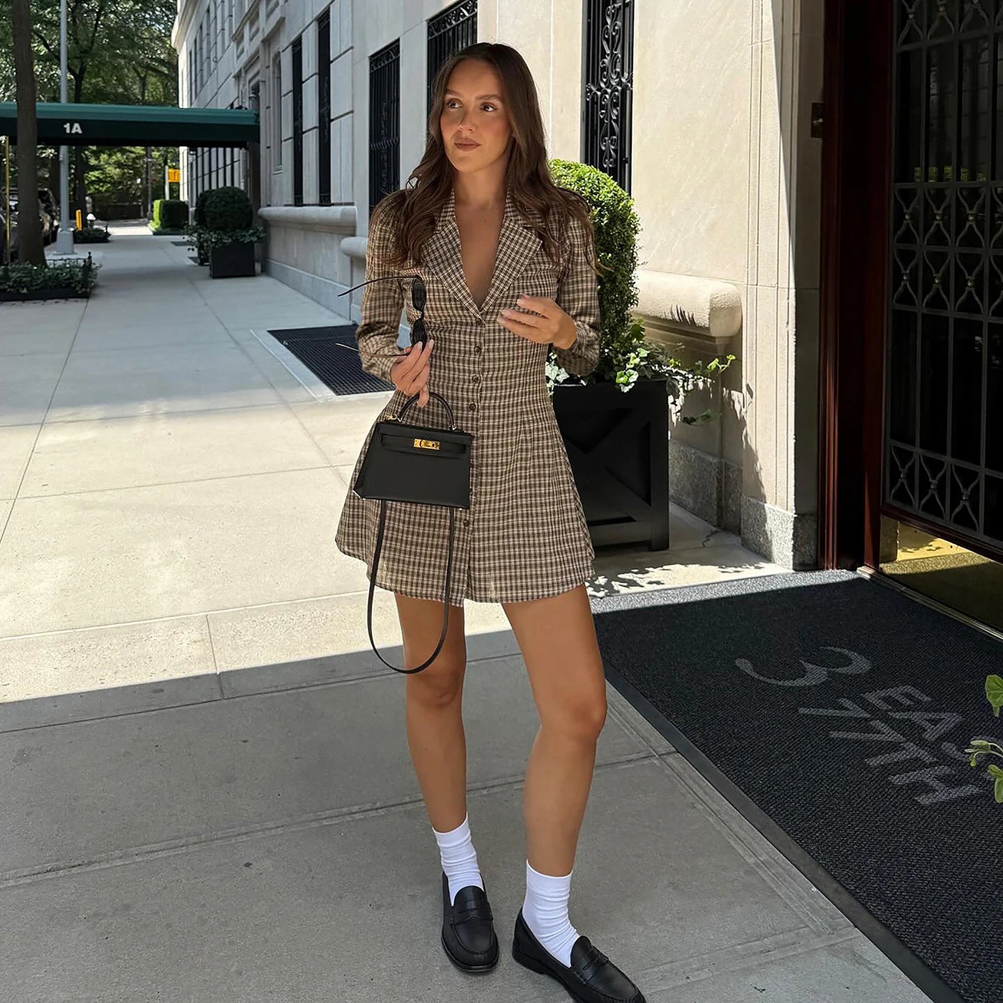 Fall New Eco-Friendly Digital Woven Natural Waist Preppy Style Women's Long Sleeve V-Neck Button Front A-Line Plaid Dress -