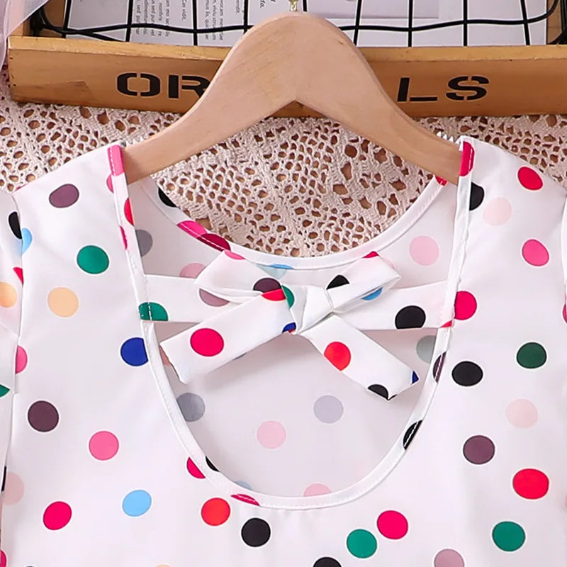 Medium-sized New Children's Leisure Top Culottes Colored Polka Dot Short Sleeve Worested Fabric Girls Clothing Sets -