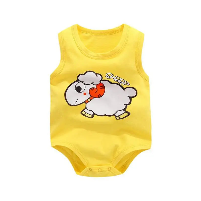 Keep your baby boy cool and comfy with this cotton sleeveles outfit featuring adorable cartoon bodysuit pajamas perfect for playtime and sleep! -