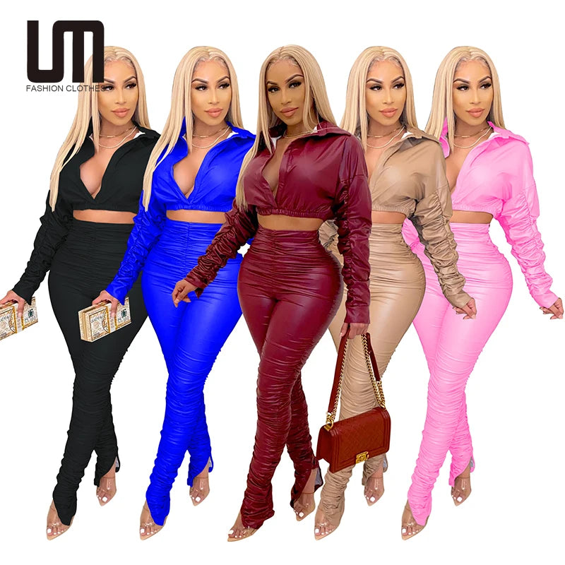 Women 2 Pieces Leather Crop Tops & Pants -