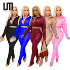 Women 2 Pieces Leather Crop Tops & Pants -