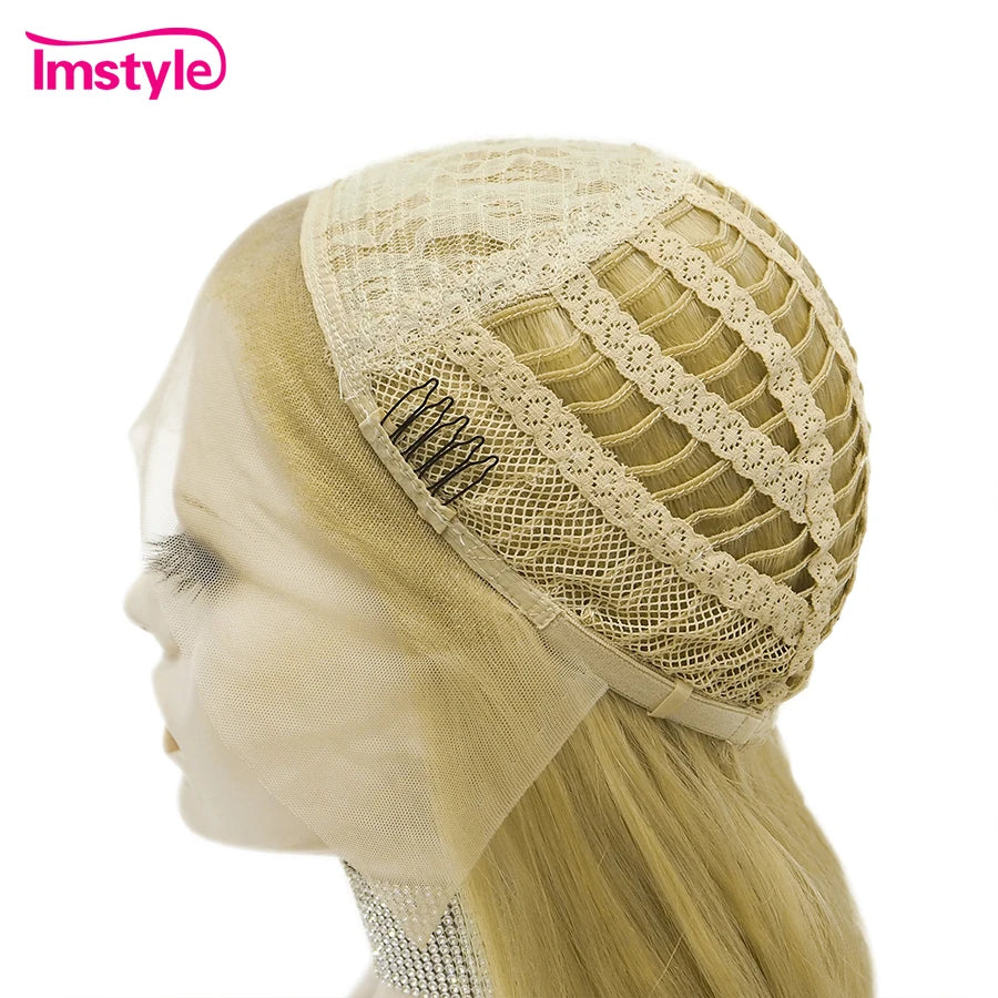 Elevate your style with this blonde lace front wig—made with heat-resistant fiber for natural wavy looks, perfect for women and cosplay enthusiasts! -
