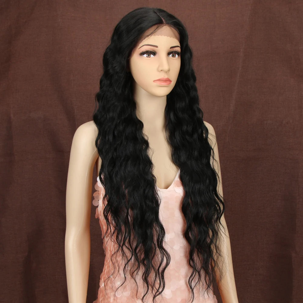 Make a bold statement with this 30-inch synthetic lace front wig featuring deep wave curly blonde hair with pink accents—perfect for cosplay and standout style! -