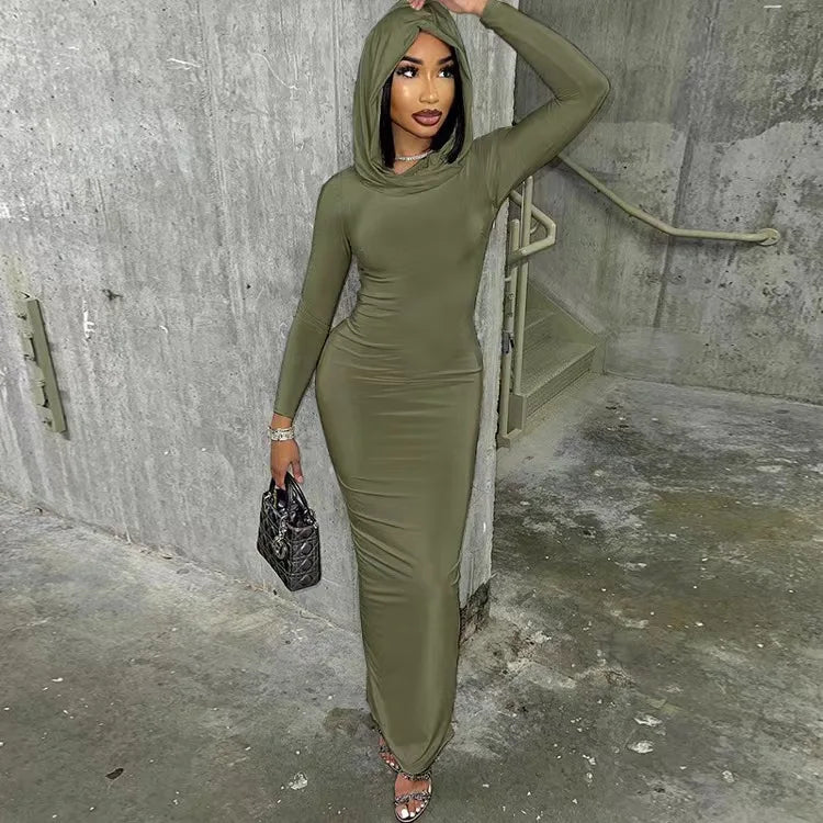 Hooded Long Sleeve Basic Split Maxi Dresses -