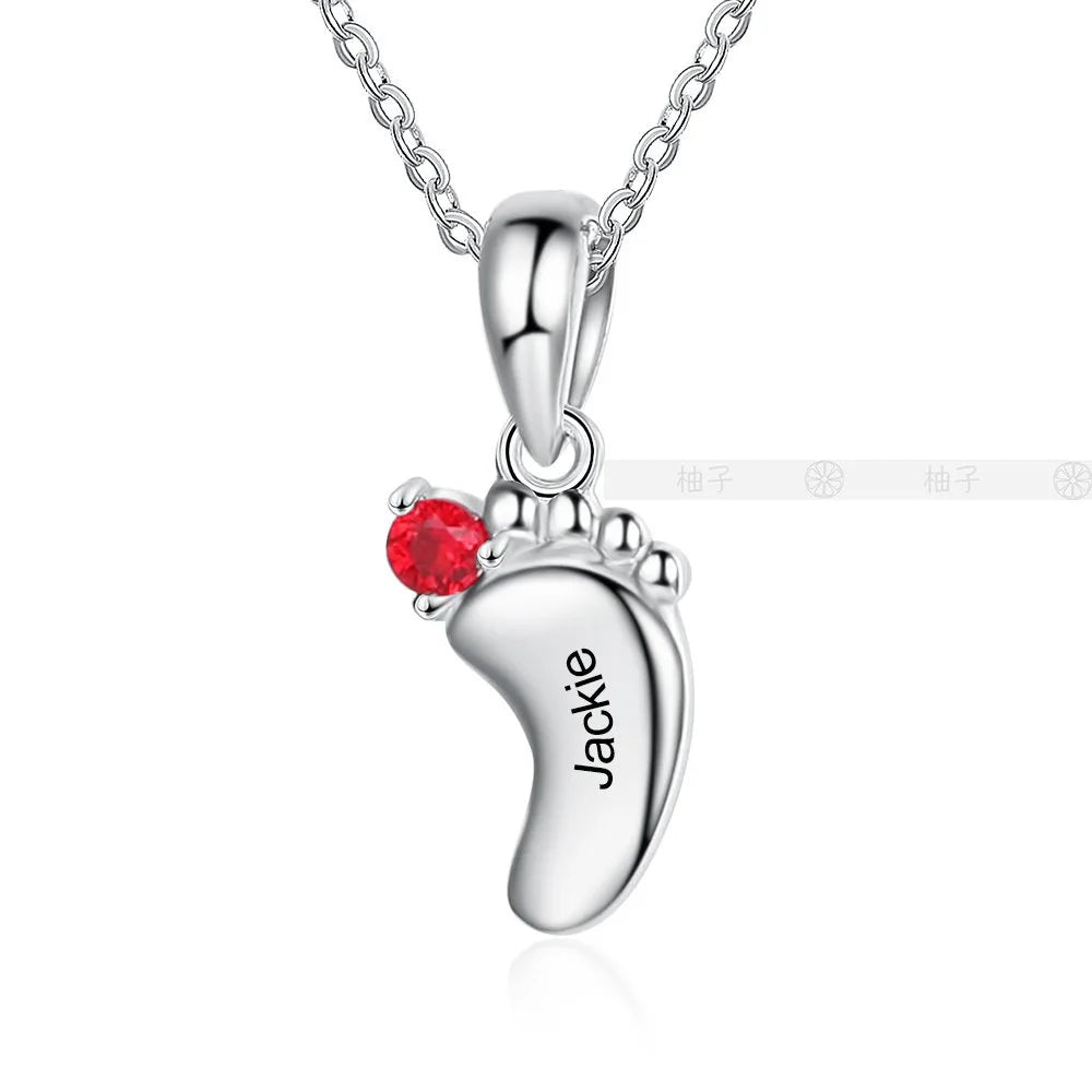 DY Personalized Name Custom Family Jewelry with Simulated Birthstone Baby Feet Pendant Necklace for Mom Gift -