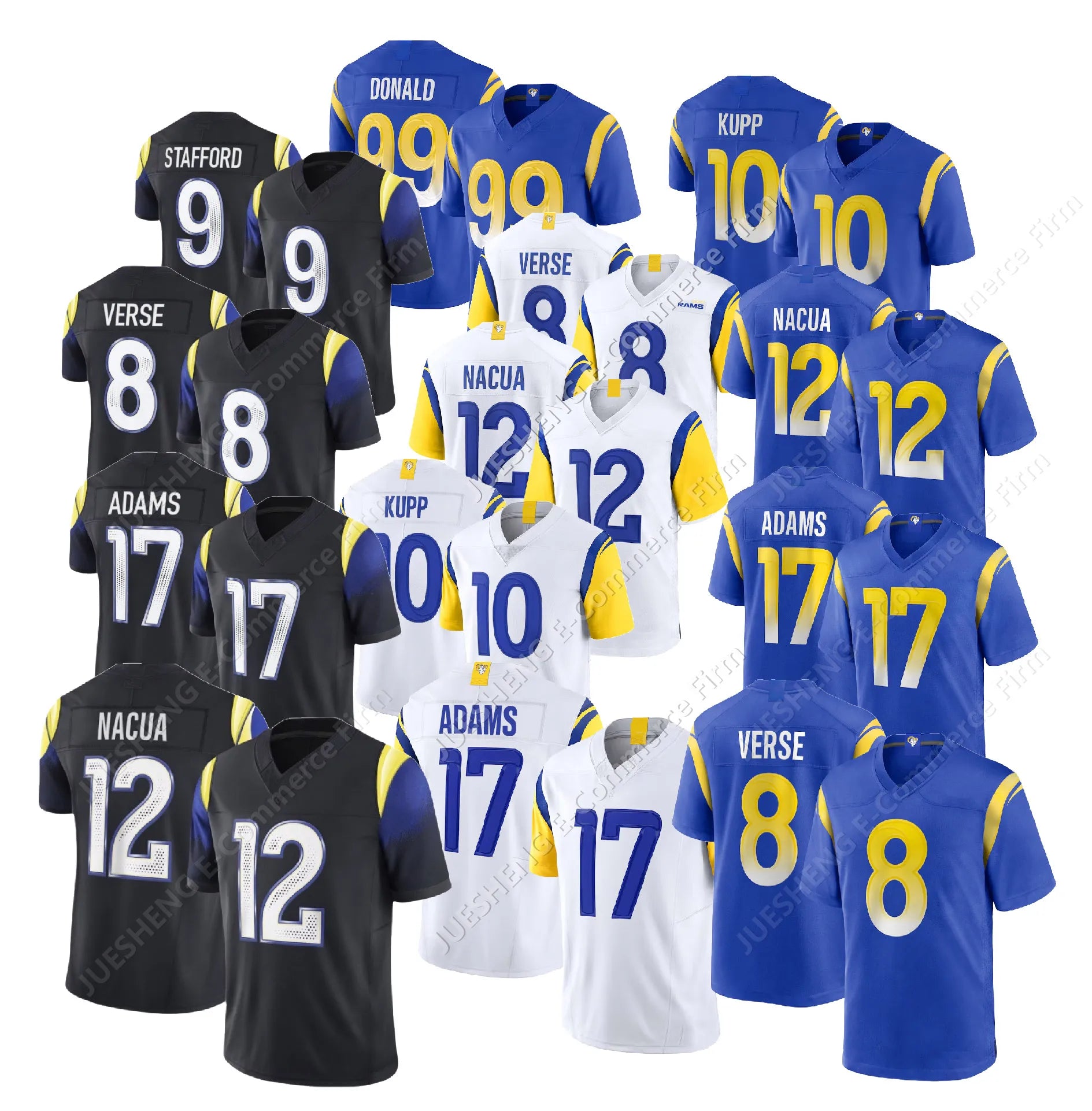 Los Angeles Rams Jeserys 12# Puka Nacua 17# Adams 8# Verse 99# Donald 9#Stafford -