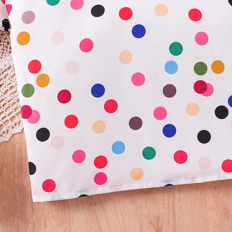 Medium-sized New Children's Leisure Top Culottes Colored Polka Dot Short Sleeve Worested Fabric Girls Clothing Sets -