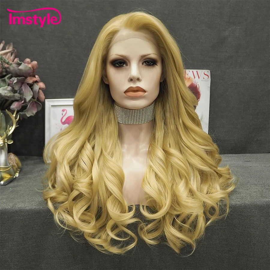 Elevate your style with this blonde lace front wig—made with heat-resistant fiber for natural wavy looks, perfect for women and cosplay enthusiasts! -