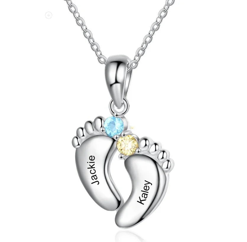 DY Personalized Name Custom Family Jewelry with Simulated Birthstone Baby Feet Pendant Necklace for Mom Gift -