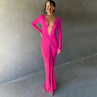 Women's Elegant Deep V-Neck Maxi Dress Long Sleeve -