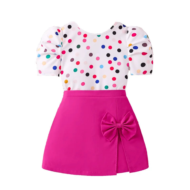 Medium-sized New Children's Leisure Top Culottes Colored Polka Dot Short Sleeve Worested Fabric Girls Clothing Sets -