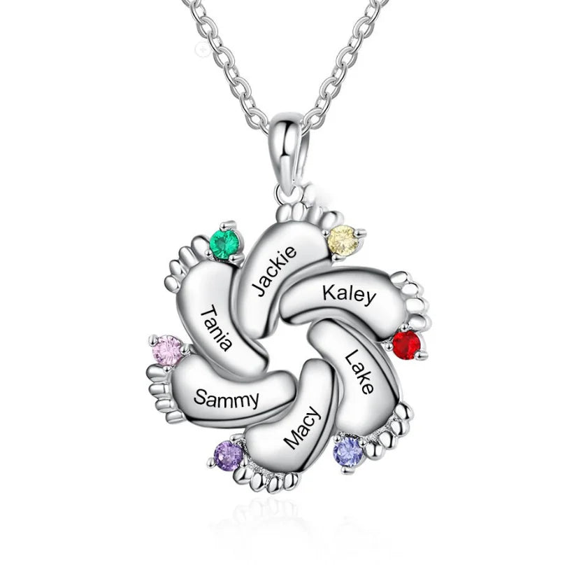 DY Personalized Name Custom Family Jewelry with Simulated Birthstone Baby Feet Pendant Necklace for Mom Gift -