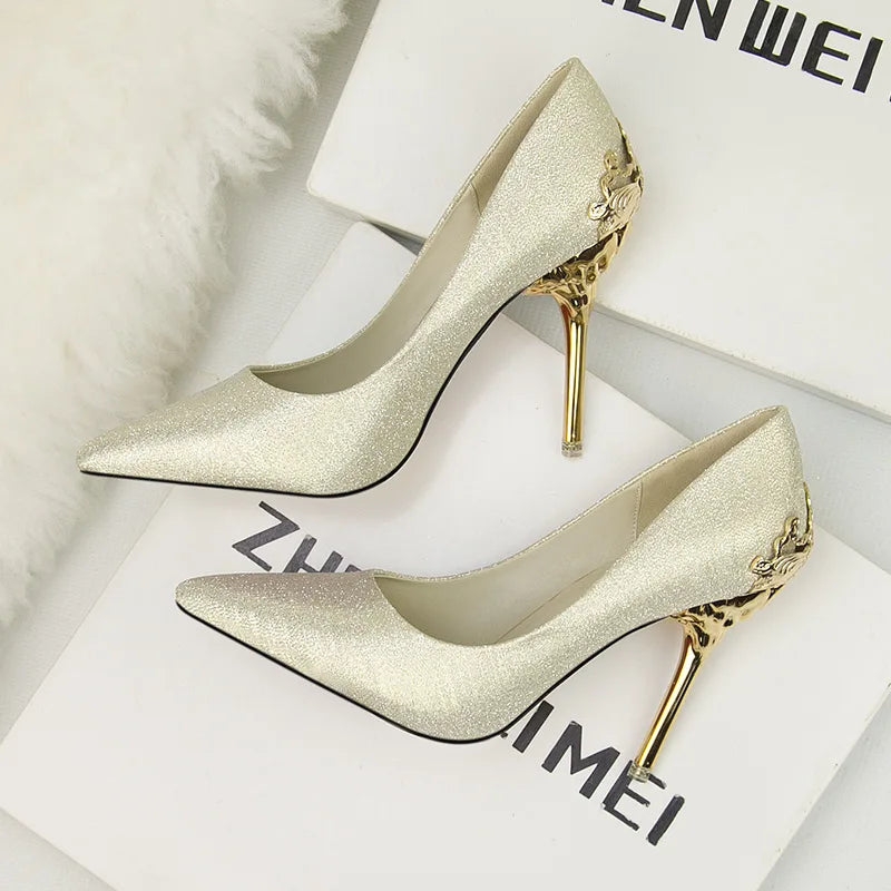 Women Pumps Red, Gol,d Pointy Toe Dress High Heel Shoes. -