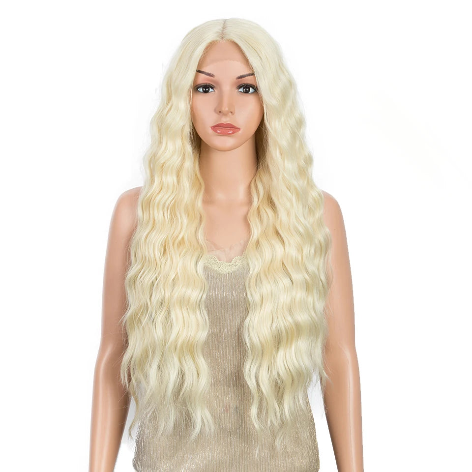 Make a bold statement with this 30-inch synthetic lace front wig featuring deep wave curly blonde hair with pink accents—perfect for cosplay and standout style! -