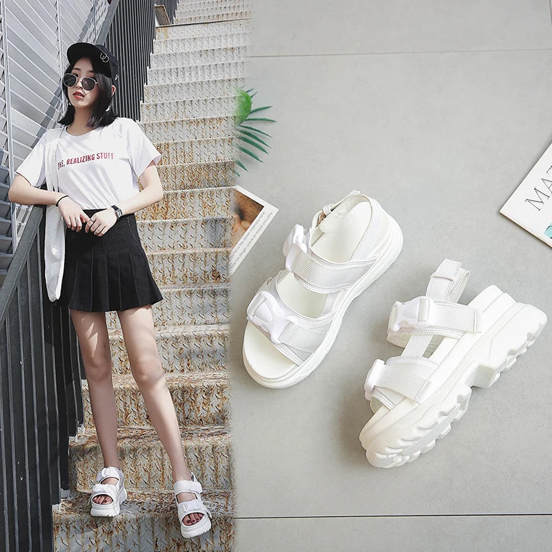 Summer Women Platform Sandals Fashion Buckle Design White 7cm Increasing Sandals Thick Sole Casual Platform Shoes Female -