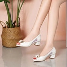 Cresfimix Women Classic High Quality White Pu Leather Peep Toe Square Heel Shoes Lady Cool Black Office Summer Heels A9841 -