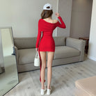 Long Sleeve One Shoulder Strap Dress -