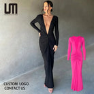 Women's Elegant Deep V-Neck Maxi Dress Long Sleeve -