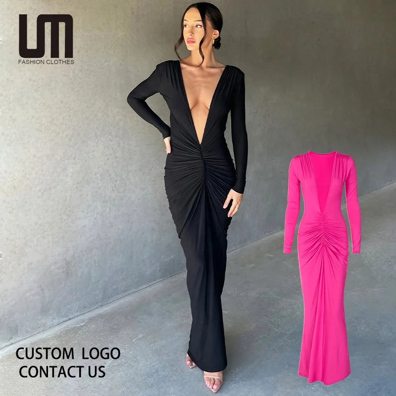 Women's Elegant Deep V-Neck Maxi Dress Long Sleeve -