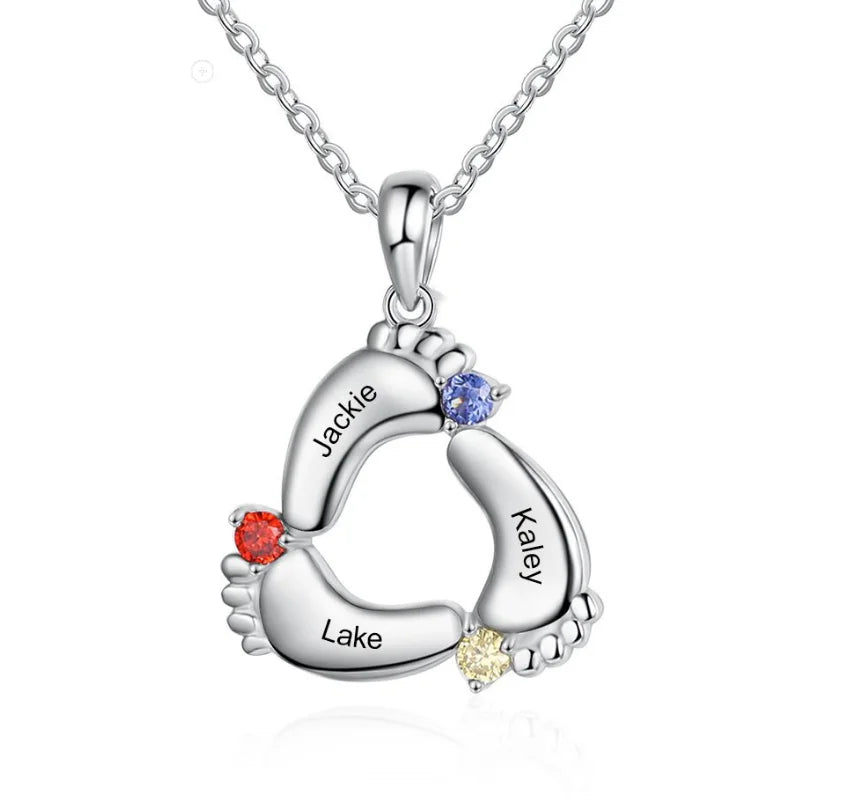 DY Personalized Name Custom Family Jewelry with Simulated Birthstone Baby Feet Pendant Necklace for Mom Gift -