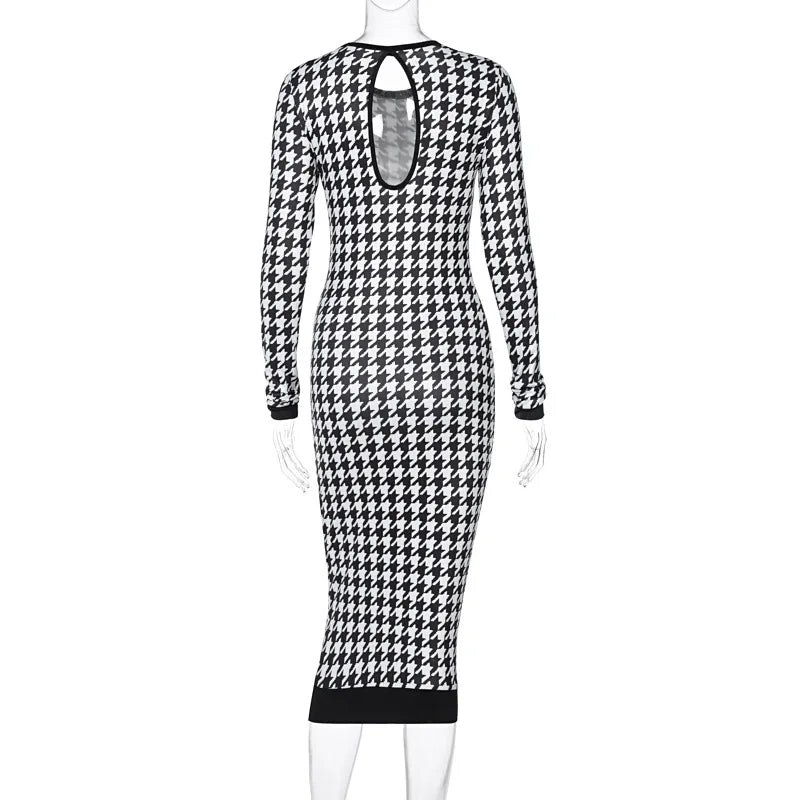 Houndstooth Print Women Long Sleeve Midi Dress -