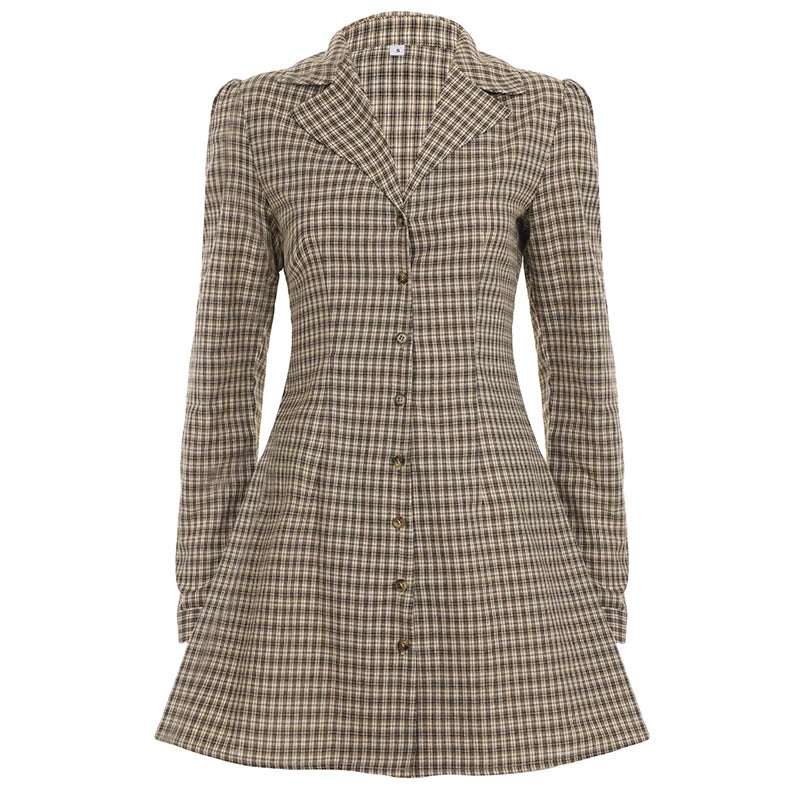 Fall New Eco-Friendly Digital Woven Natural Waist Preppy Style Women's Long Sleeve V-Neck Button Front A-Line Plaid Dress -