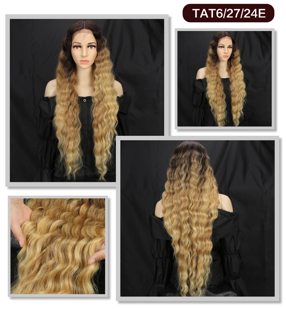 Make a bold statement with this 30-inch synthetic lace front wig featuring deep wave curly blonde hair with pink accents—perfect for cosplay and standout style! -