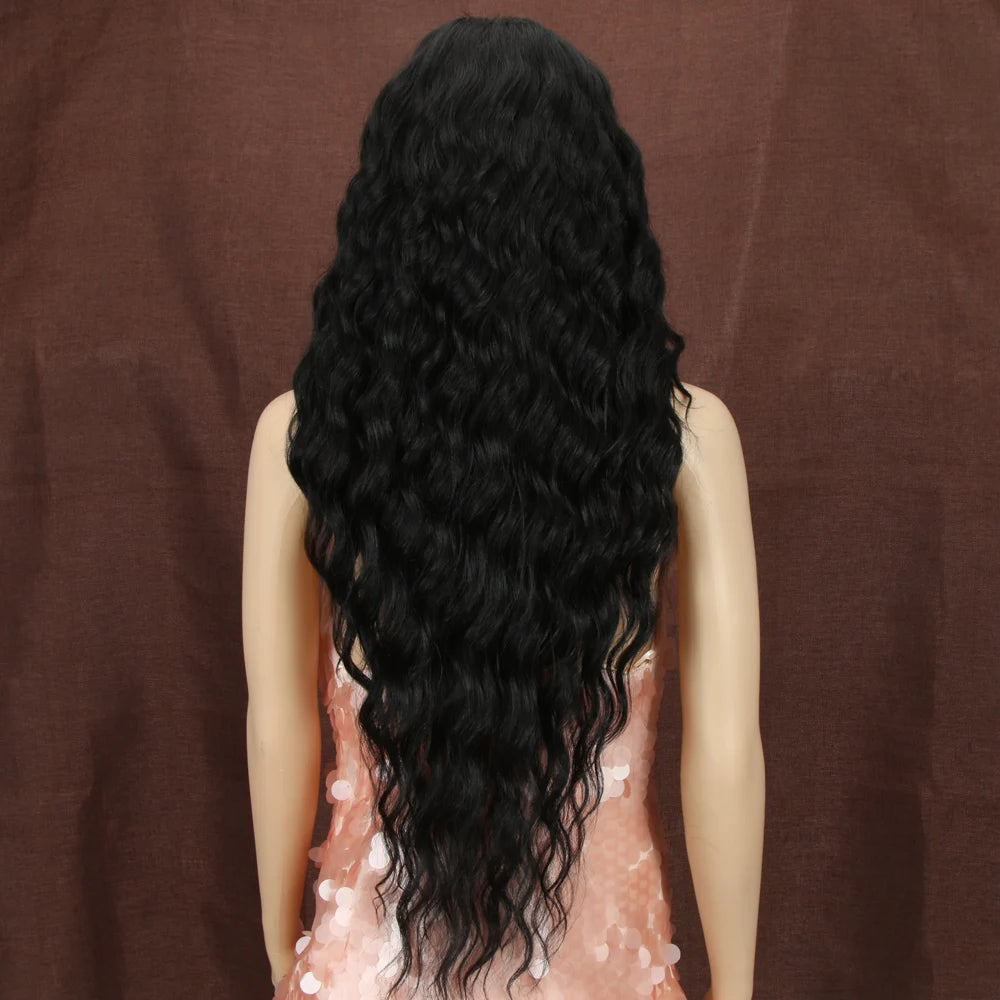 Make a bold statement with this 30-inch synthetic lace front wig featuring deep wave curly blonde hair with pink accents—perfect for cosplay and standout style! -