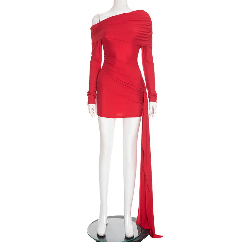 Long Sleeve One Shoulder Strap Dress -
