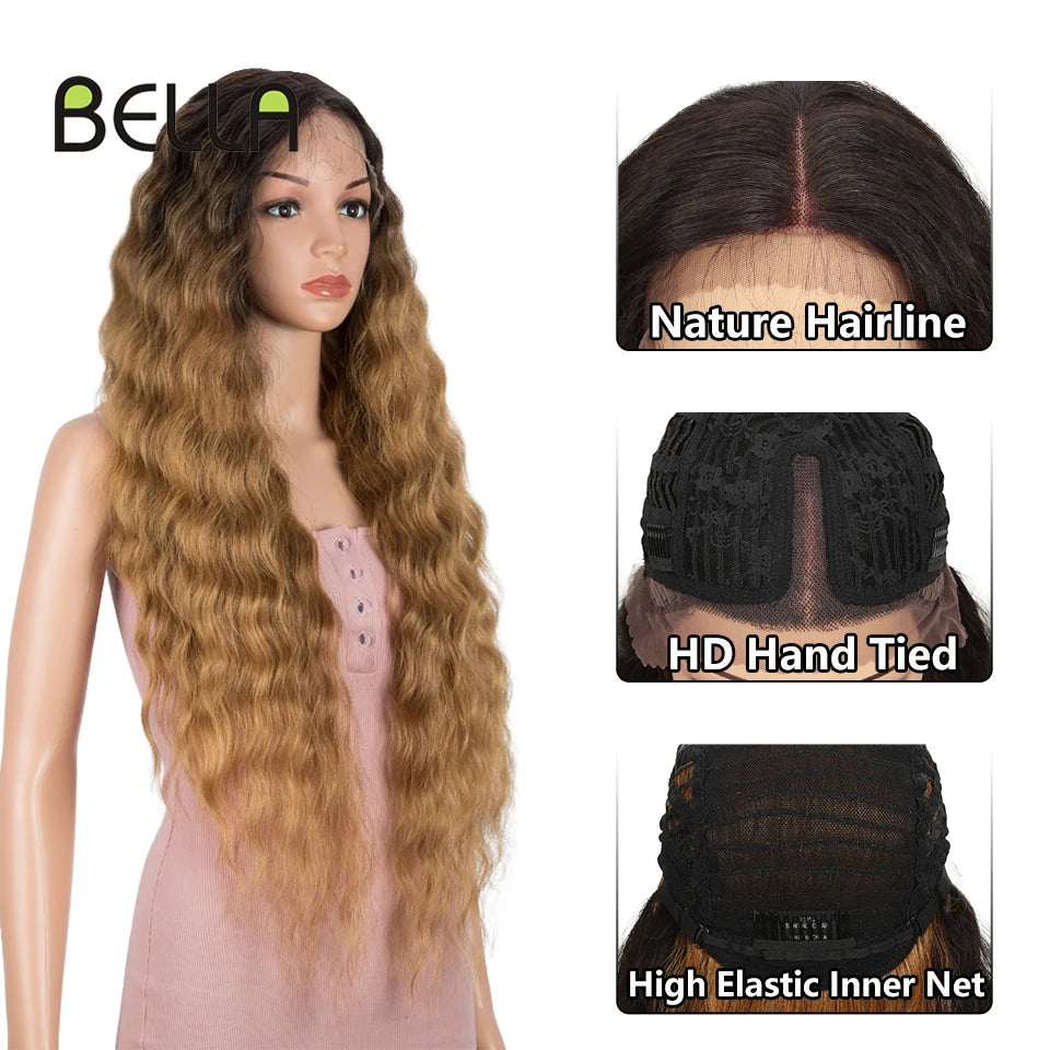 Make a bold statement with this 30-inch synthetic lace front wig featuring deep wave curly blonde hair with pink accents—perfect for cosplay and standout style! -