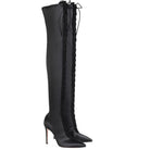 Big Size Women High Heel Thigh High Boots Ladies Heeled Winter Shoes Pointed Toe Lace up Black Satin Over the Knee High Boots -