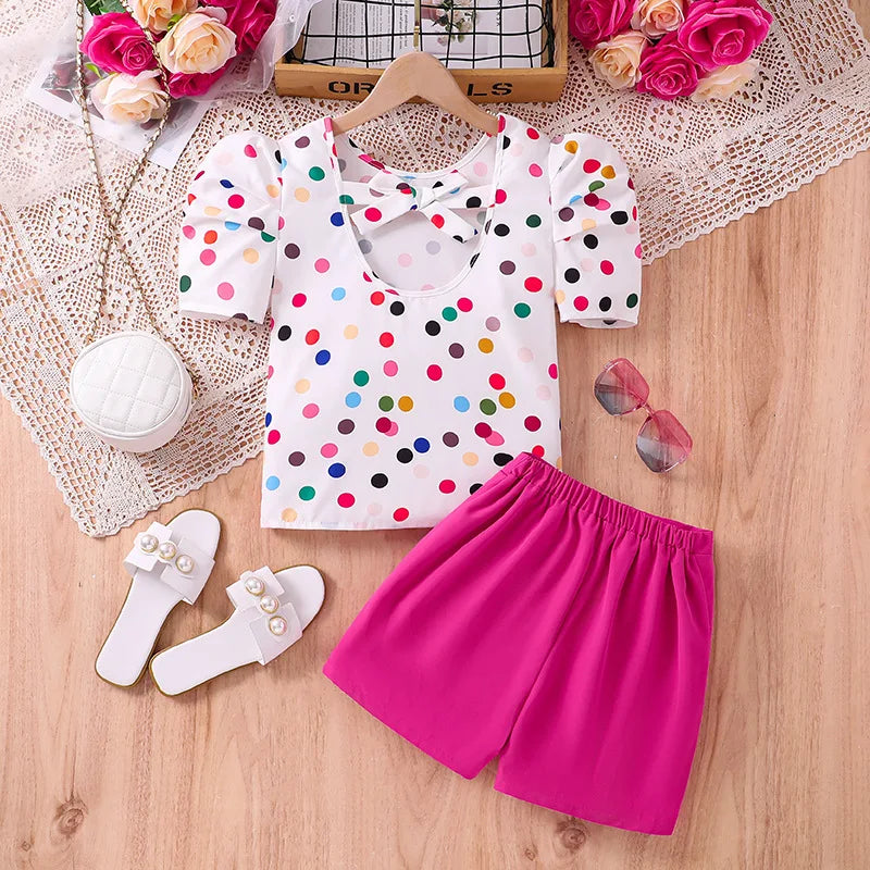 Medium-sized New Children's Leisure Top Culottes Colored Polka Dot Short Sleeve Worested Fabric Girls Clothing Sets -
