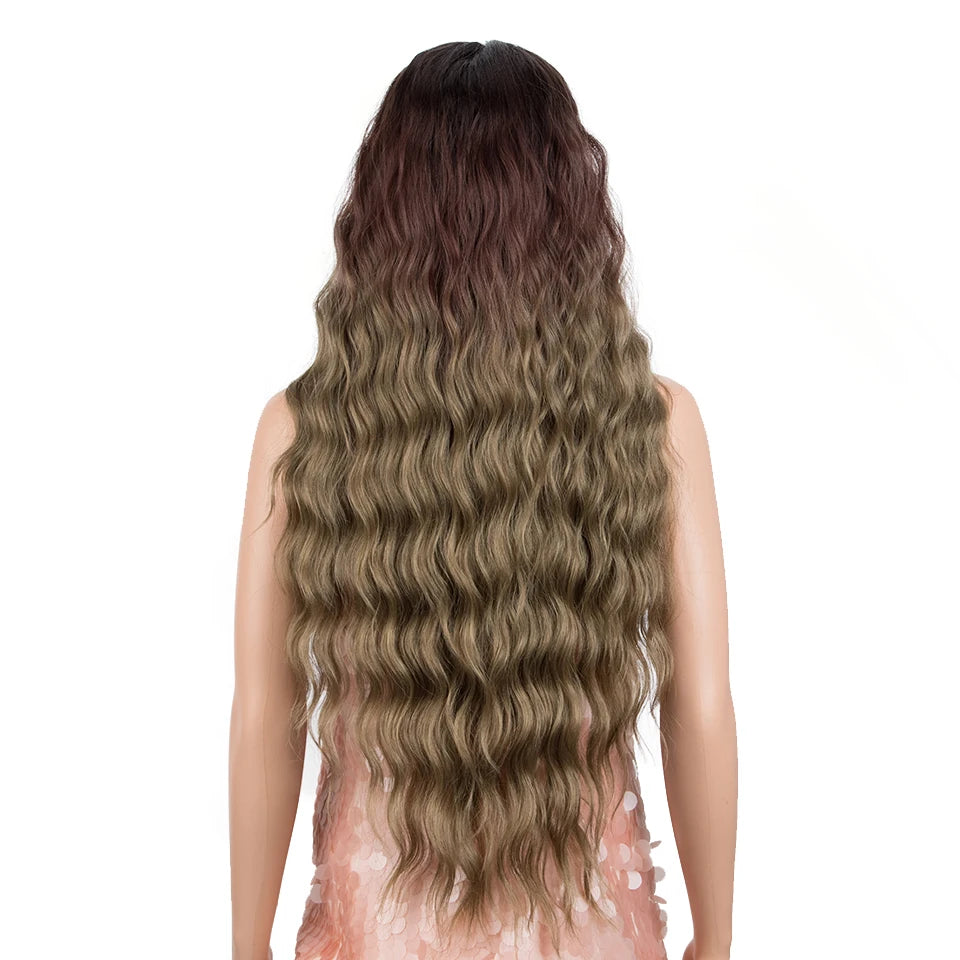 Make a bold statement with this 30-inch synthetic lace front wig featuring deep wave curly blonde hair with pink accents—perfect for cosplay and standout style! -
