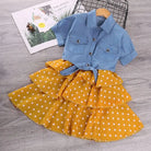 High Quality Two-Piece Girls Clothing Set Short Sleeve Denim Tops and Polka Dots Sling Dress for Summer Custom ODM Design -