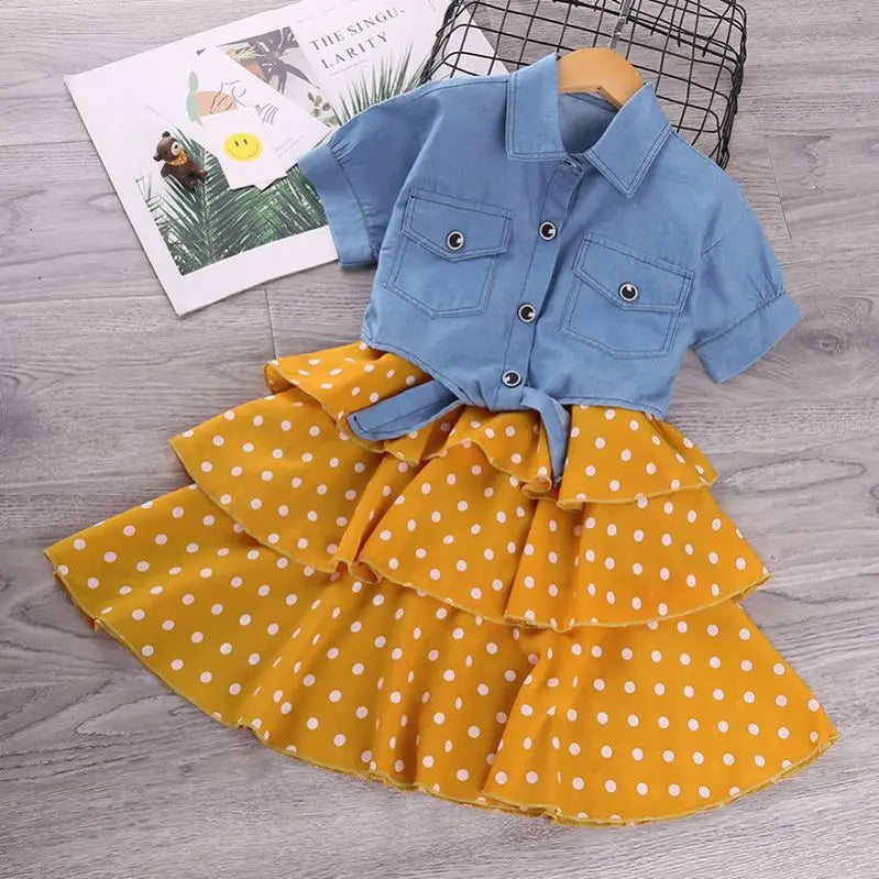 High Quality Two-Piece Girls Clothing Set Short Sleeve Denim Tops and Polka Dots Sling Dress for Summer Custom ODM Design -